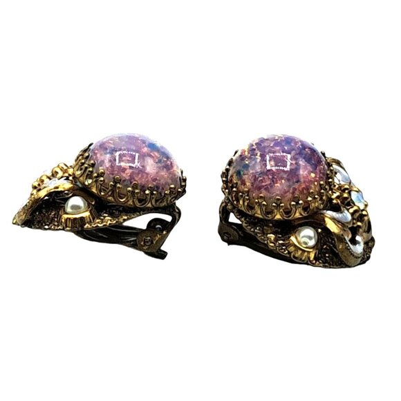 Vintage West Germany Earrings Faux Opal Dragons Breath Enamel Signed Clip On Jew - Picture 7 of 8